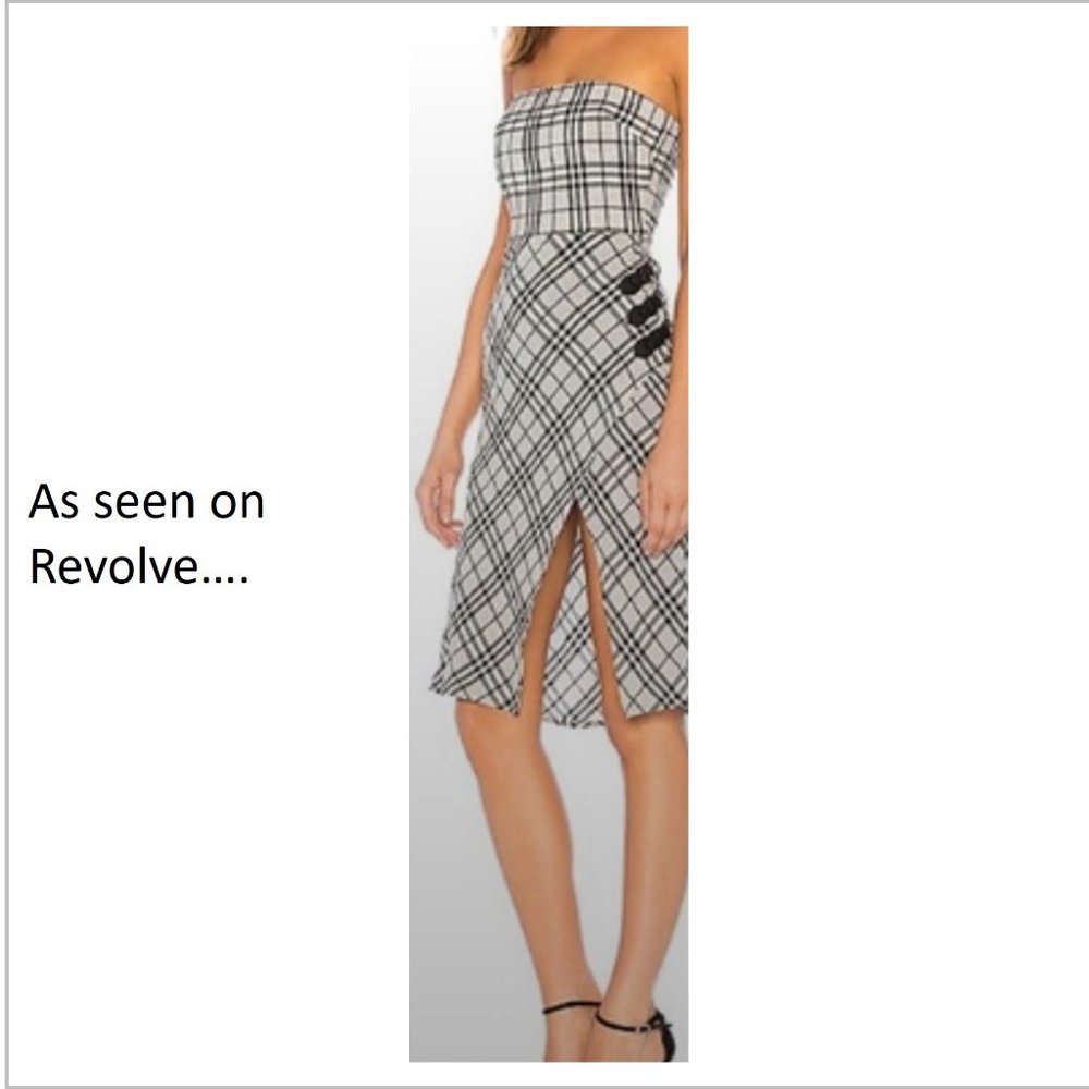 Majorelle Black & White Plaid Strapless Dress with Slit/Buckle Detail